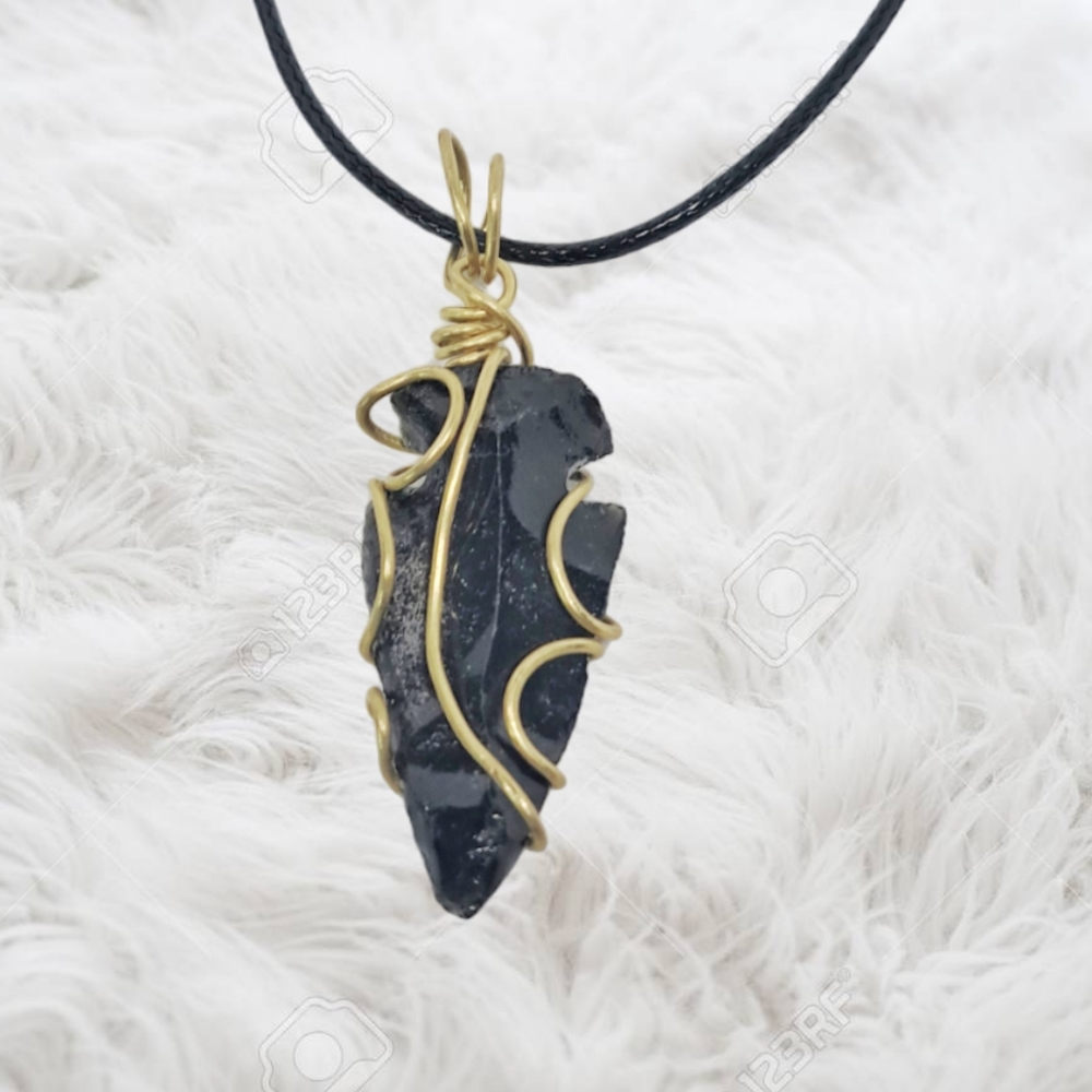 Hand-Wired Obsidian Arrowhead Pendant with Black Adjustable Cord.